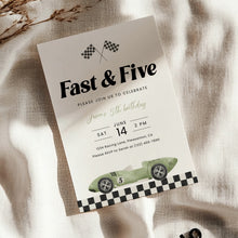 Load image into Gallery viewer, Fast and Five Race Car 5th Birthday Invitation Sage Green Editable Template 0330
