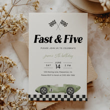 Load image into Gallery viewer, Fast and Five Race Car 5th Birthday Invitation Sage Green Editable Template 0330
