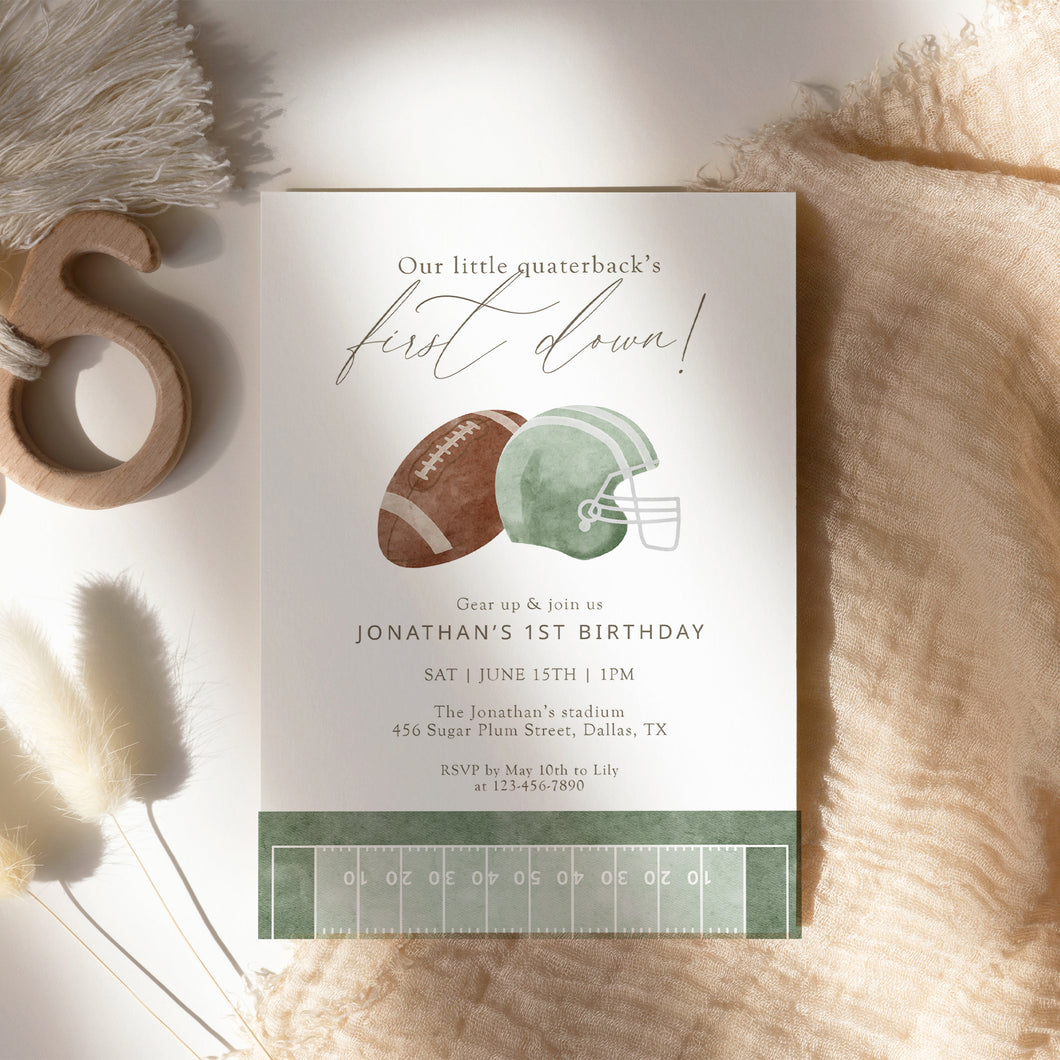 0325 Sage green Our Little Quarterback's First Down Birthday Invitation Template, Digital Download