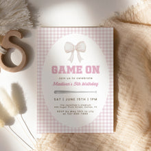 Load image into Gallery viewer, Pink baseball bow gingham pattern birthday invitation template for girls 0334
