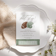 Load image into Gallery viewer, 0325 Sage green Our Little Quarterback&#39;s First Down Birthday Invitation Template, Digital Download
