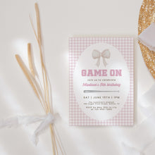 Load image into Gallery viewer, Pink baseball bow gingham pattern birthday invitation template for girls 0334

