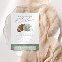 Load image into Gallery viewer, 0325 Sage green Our Little Quarterback&#39;s First Down Birthday Invitation Template, Digital Download
