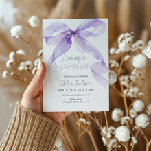 Load image into Gallery viewer, 0318 purple watercolor bow birthday invitation
