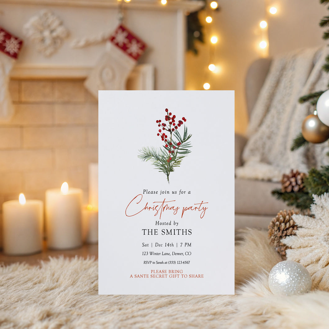 2033 greenery and red berries Christmas Dinner Party Invite, Digital Download, Friendsmas, Editable Template
