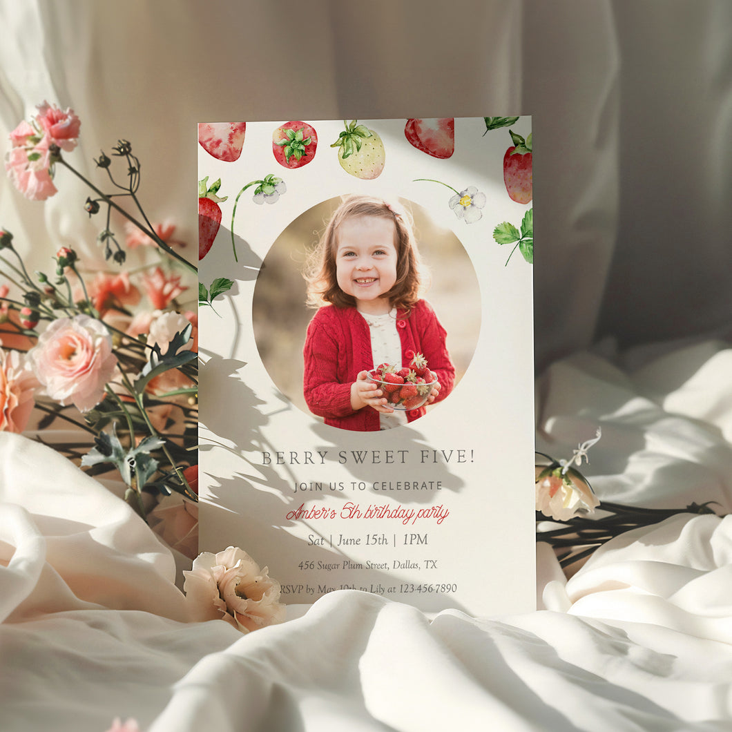0326 Berry sweet Strawberry 5th Birthday Photo Invite, Editable Template, Digital Download