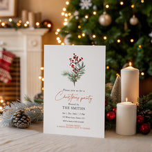 Load image into Gallery viewer, 2033 greenery and red berries Christmas Dinner Party Invite, Digital Download, Friendsmas, Editable Template
