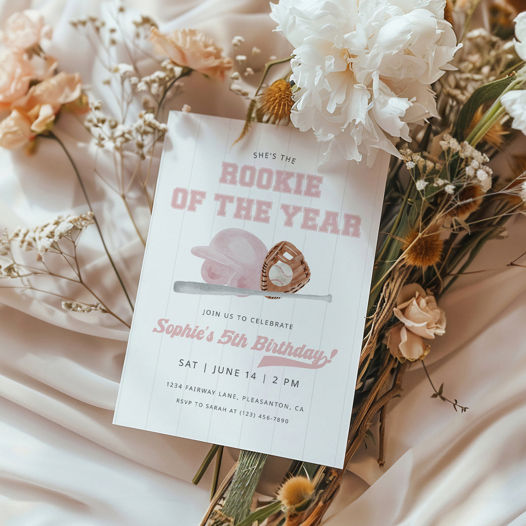0314 pink rookie of the year birthday invitation template