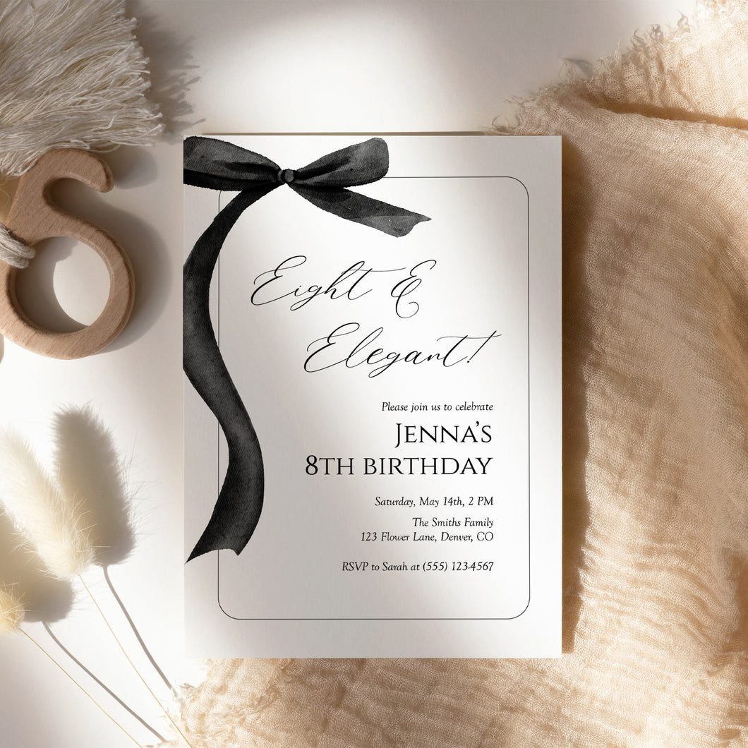 Black bow Eight & Elegant 8th Birthday Invitation, Editable template, Digital Download 0324