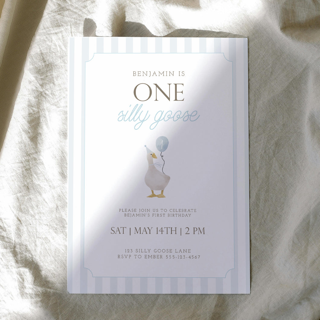 0308 Blue one silly goose birthday invitation template 2