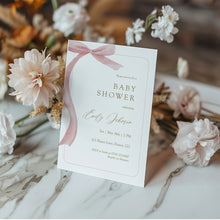 Load image into Gallery viewer, Pink Bow Baby Shower Invitation, Baby Girls Coquette Ribbon Template, Digital Download 2031
