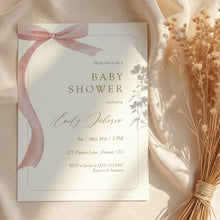 Load image into Gallery viewer, Pink Bow Baby Shower Invitation, Baby Girls Coquette Ribbon Template, Digital Download 2031
