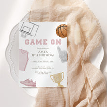Load image into Gallery viewer, Pink Game On Basketball 8th Birthday Invitation, Girls Sports Birthday Invite Template, Editable Corjl 0333
