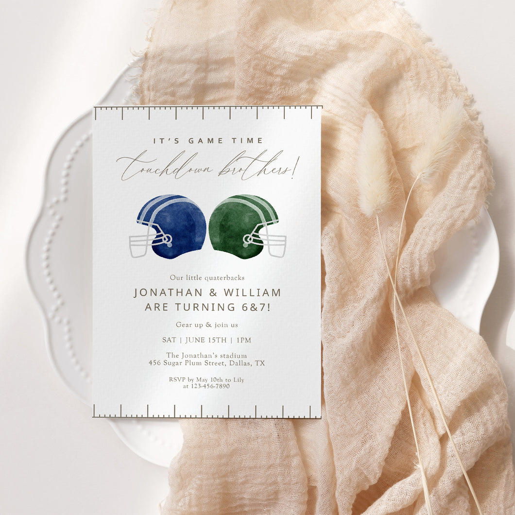 0325 Touchdown Football Joint Birthday Invite, Brothers Sports Party, Editable Template, Digital Download