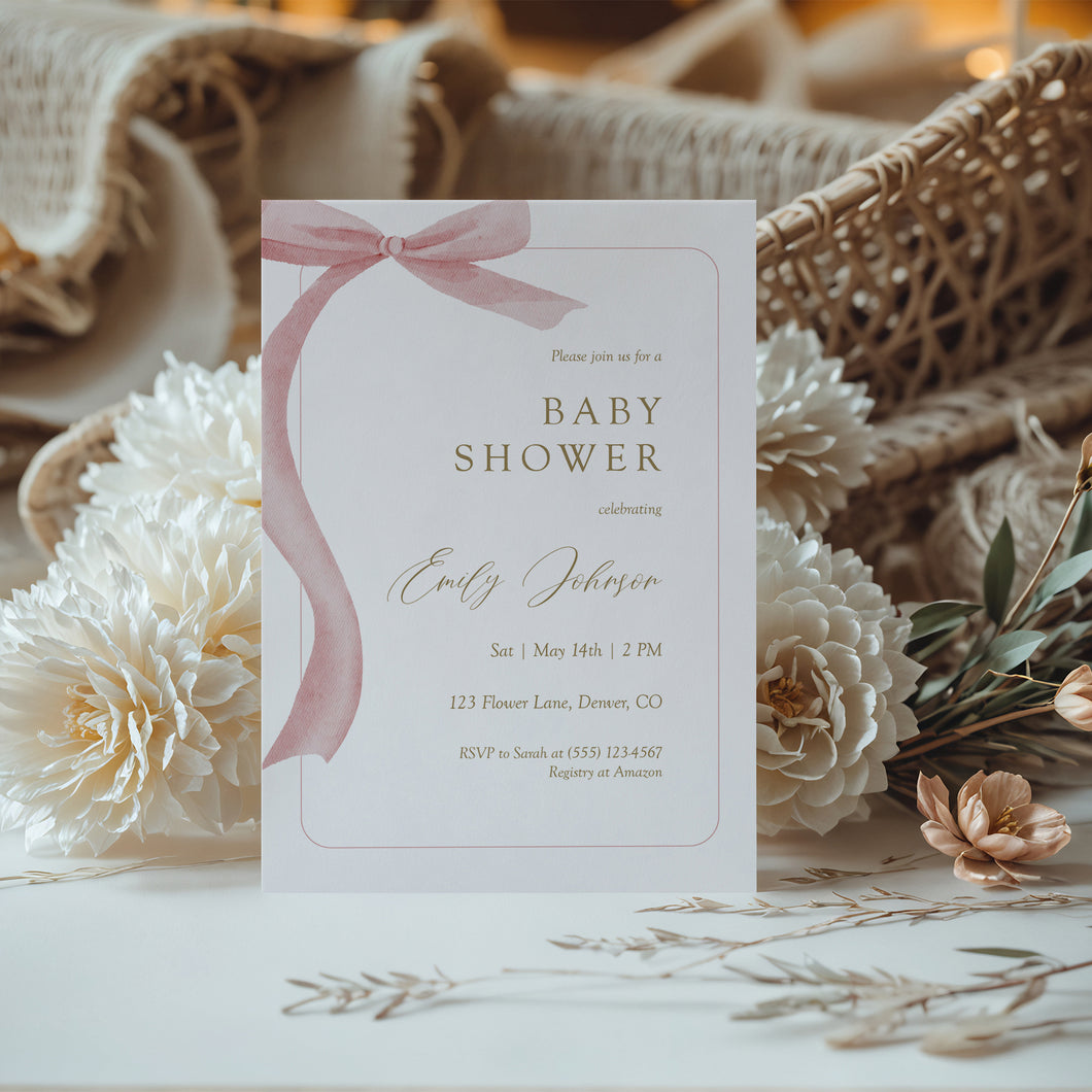 Pink Bow Baby Shower Invitation, Baby Girls Coquette Ribbon Template, Digital Download 2031