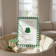 Load image into Gallery viewer, Little Putter Is On The Way Green Gingham Golf Baby Shower Invitation Editable Invite 2041
