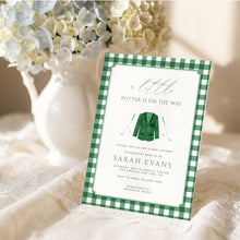 Load image into Gallery viewer, Little Putter Is On The Way Green Gingham Golf Baby Shower Invitation Editable Invite 2041
