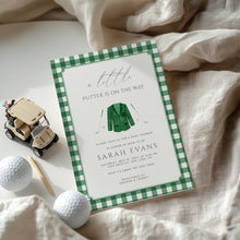 Load image into Gallery viewer, Little Putter Is On The Way Green Gingham Golf Baby Shower Invitation Editable Invite 2041

