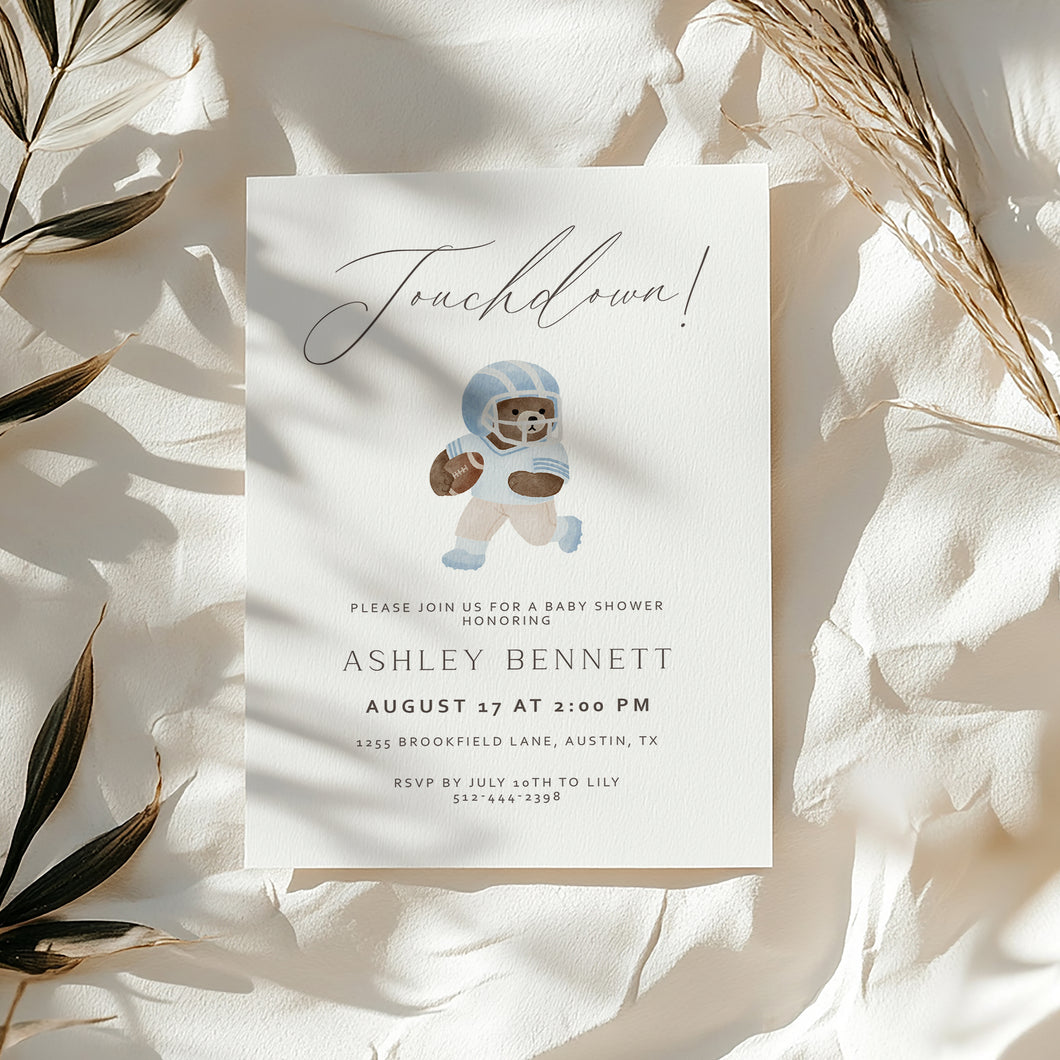 2032 Light Blue Touchdown Teddy Bear Football Baby Shower Invite, Editable Template, Digital Download