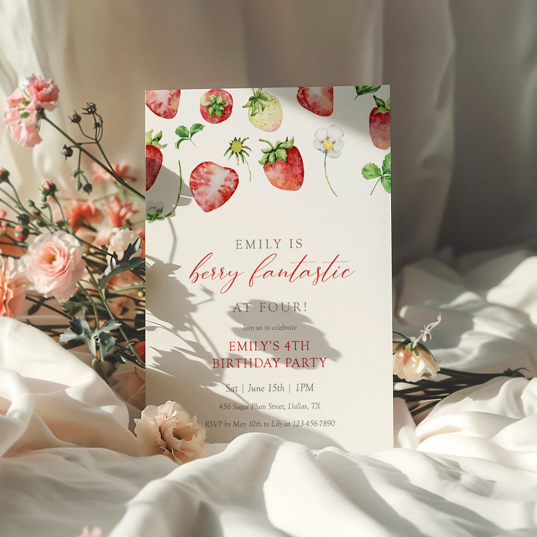 0326 Strawberry berry four Invite, Editable Girl 4th Birthday Template, Digital Download