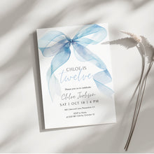 Load image into Gallery viewer, 0318 blue watercolor bow birthday invitation
