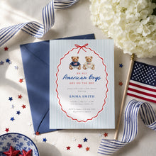 Load image into Gallery viewer, Preppy Twin Boys Teddy Bear Baby Shower Invitation - All American Twin Fourth of July Patriotic Template Corjl 2046

