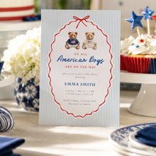 Load image into Gallery viewer, Preppy Twin Boys Teddy Bear Baby Shower Invitation - All American Twin Fourth of July Patriotic Template Corjl 2046
