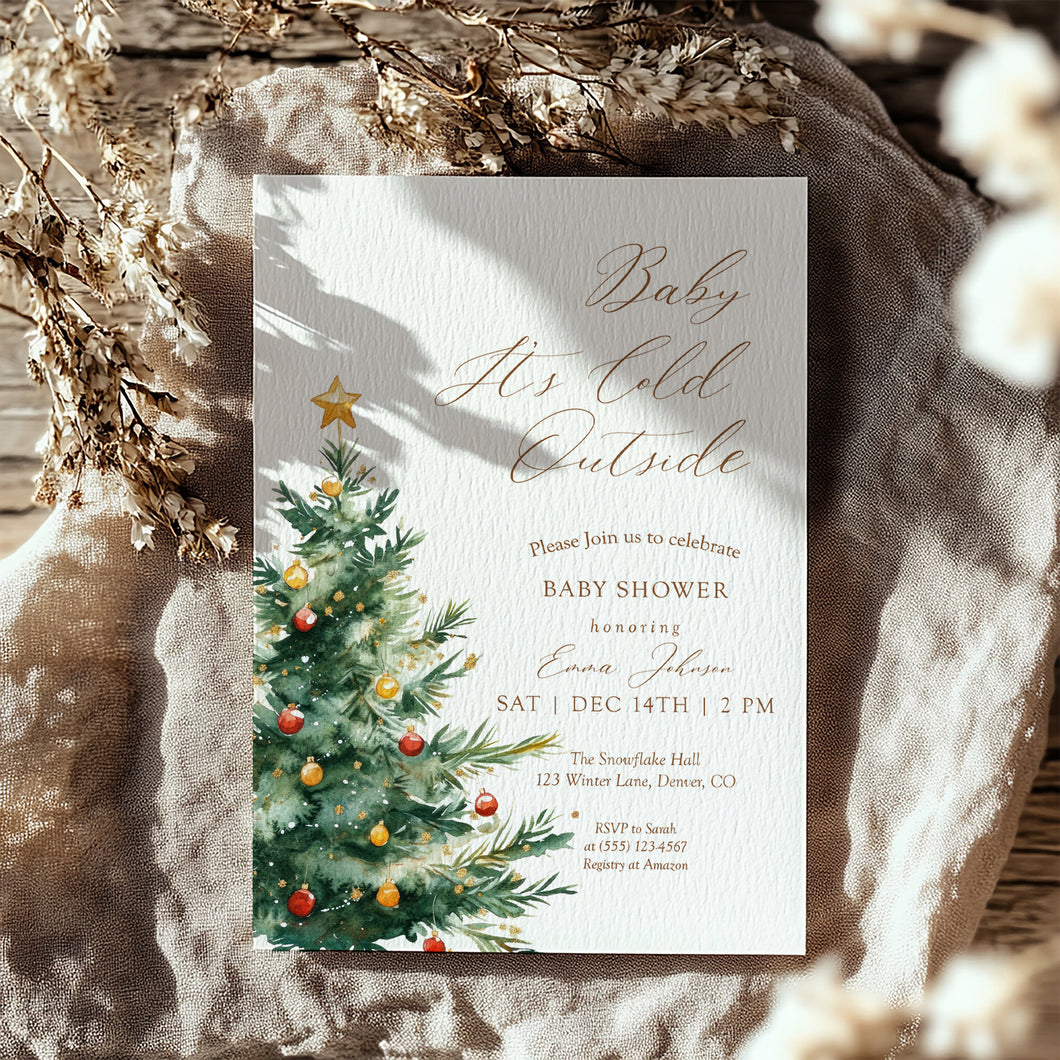2024 Winter Christmas tree baby it's cold outside invitation template