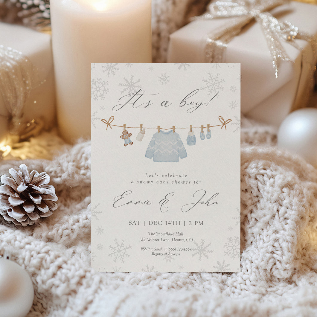 2029 Winter Holiday 'It's a Boy' Baby Shower Invitation (Digital Download)