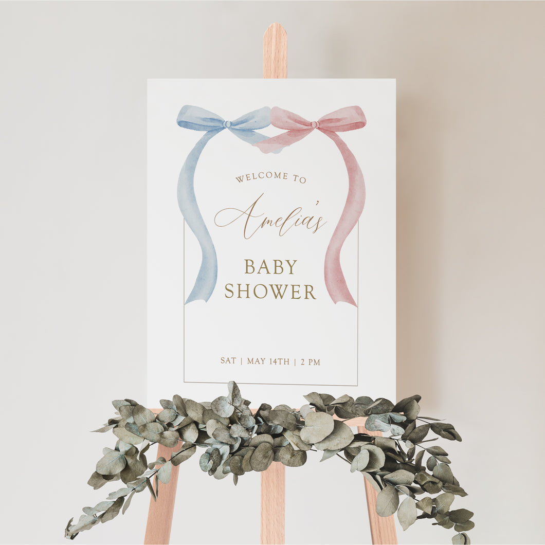 2031 Pink Blue Bow Coquette Gender Reveal Baby Shower Sign, Digital Download