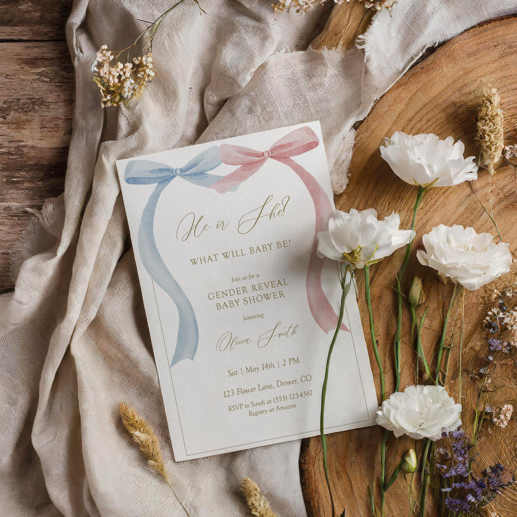 Blue Pink Bow Gender Reveal Invitation, Watercolor Elegance Minimal Classic, Digital Download 2031