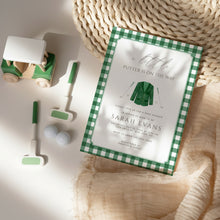 Load image into Gallery viewer, Little Putter Is On The Way Green Gingham Golf Baby Shower Invitation Editable Invite 2041
