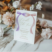Load image into Gallery viewer, Double the Fun Pink purple bow Twins Invitation, sisters birthday, editable template, digital download 0324
