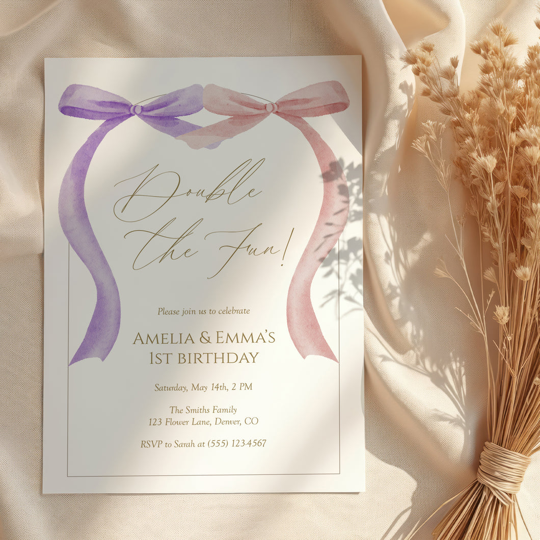 Double the Fun Pink purple bow Twins Invitation, sisters birthday, editable template, digital download 0324