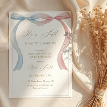 Load image into Gallery viewer, Blue Pink Bow Gender Reveal Invitation, Watercolor Elegance Minimal Classic, Digital Download 2031
