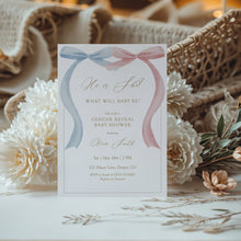 Load image into Gallery viewer, Blue Pink Bow Gender Reveal Invitation, Watercolor Elegance Minimal Classic, Digital Download 2031
