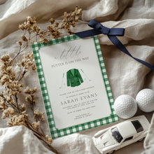 Load image into Gallery viewer, Little Putter Is On The Way Green Gingham Golf Baby Shower Invitation Editable Invite 2041
