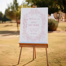 Load image into Gallery viewer, Pink Toile Baby Shower Welcome Sign Coquette bow Floral Template 2040

