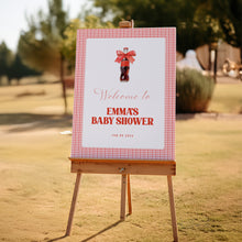 Load image into Gallery viewer, She Is Ready to Pop Baby Shower Welcome Sign Red Gingham Bow 2039

