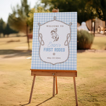 Load image into Gallery viewer, First Rodeo Welcome Sign Boy Cowboy Birthday Blue Gingham Western Party Sign Editable Template 0336
