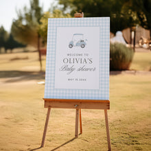 Load image into Gallery viewer, Blue gingham golf cart baby shower welcome sign 2041
