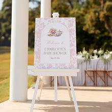 Load image into Gallery viewer, Time for Tea Baby Shower Pink Toile Floral Welcome Sign Template 2023
