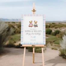 Load image into Gallery viewer, Pink &amp; Blue Bearly First Birthday Welcome Sign Template | Editable Twin Siblings Teddy Bear Digital Download 0327
