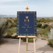 Load image into Gallery viewer, 2036 Navy Plaid Teddy Bear Girl Baby Shower Welcome Sign Template, Digital Download
