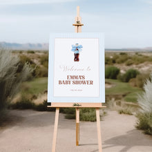 Load image into Gallery viewer, She Is Ready to Pop Baby Shower Welcome Sign Blue Gingham Bow 2039
