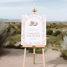 Load image into Gallery viewer, Time for Tea Baby Shower Pink Toile Floral Welcome Sign Template 2023
