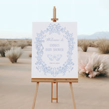 Load image into Gallery viewer, Blue Toile Baby Shower Welcome Sign Coquette bow Floral Template 2040
