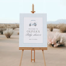 Load image into Gallery viewer, Blue gingham golf cart baby shower welcome sign 2041

