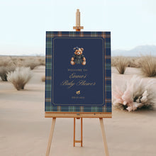 Load image into Gallery viewer, 2036 Navy Plaid Teddy Bear Girl Baby Shower Welcome Sign Template, Digital Download
