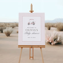 Load image into Gallery viewer, Pink gingham golf cart baby shower welcome sign 2041
